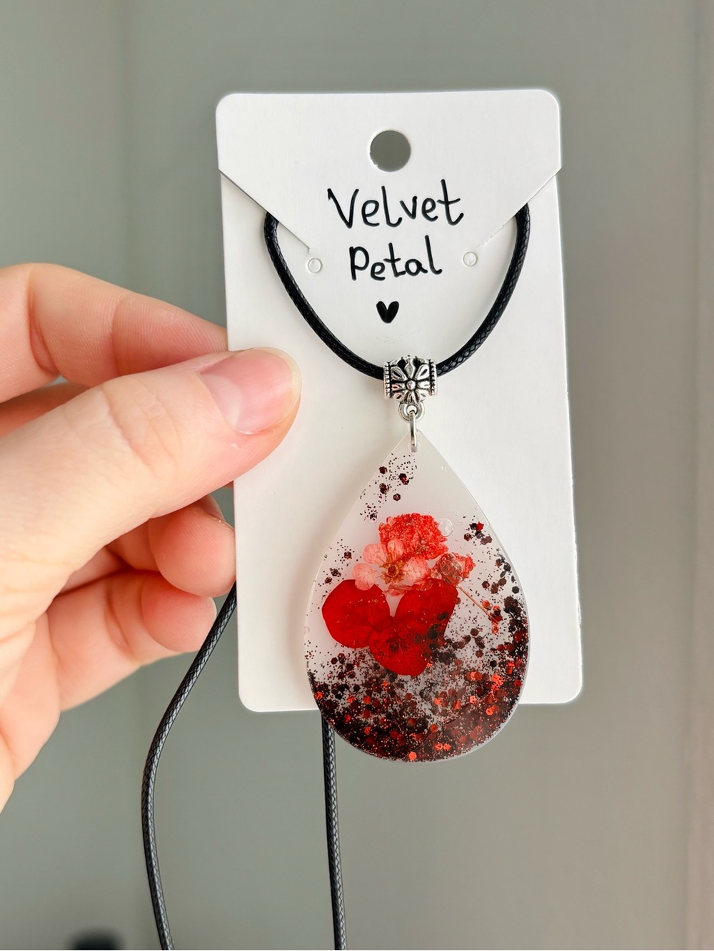 Velvet Petal Resin Necklace Handmade Real Flower Red Glitter Teardrop Pendant